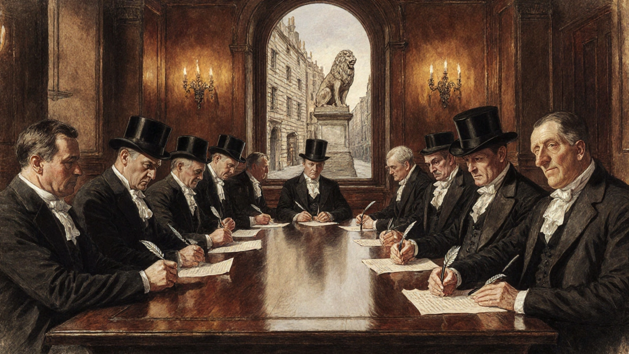 1863 FA founding meeting with gentlemen around a wooden table.