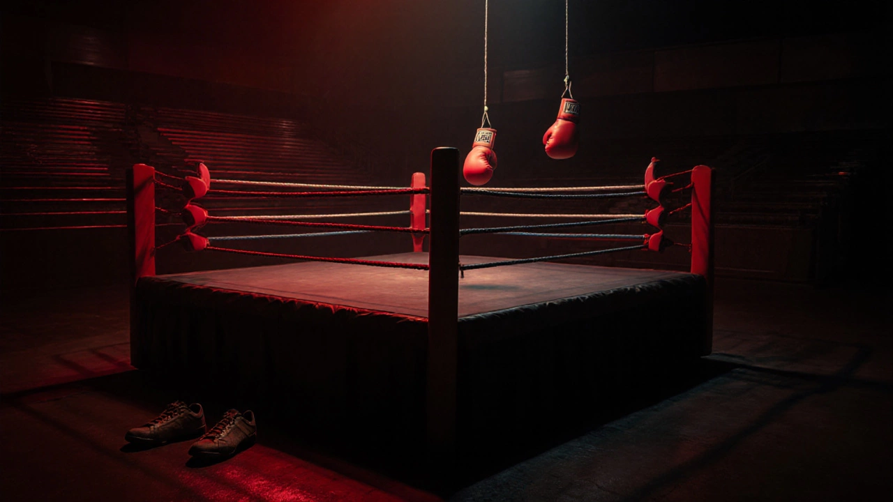 A modern boxing ring with glowing ropes and suspended gloves, empty seats, and solitary shoes under a spotlight.