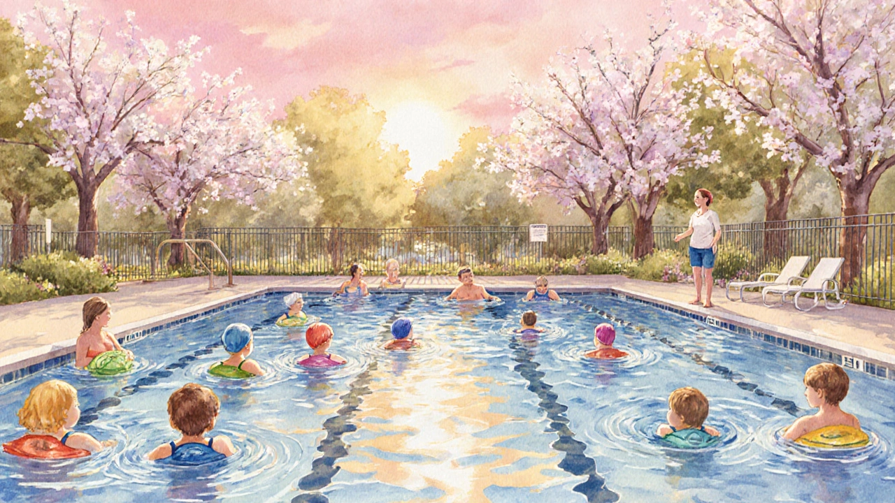 Beginner swimmers practicing in a sunny outdoor pool surrounded by blooming trees.