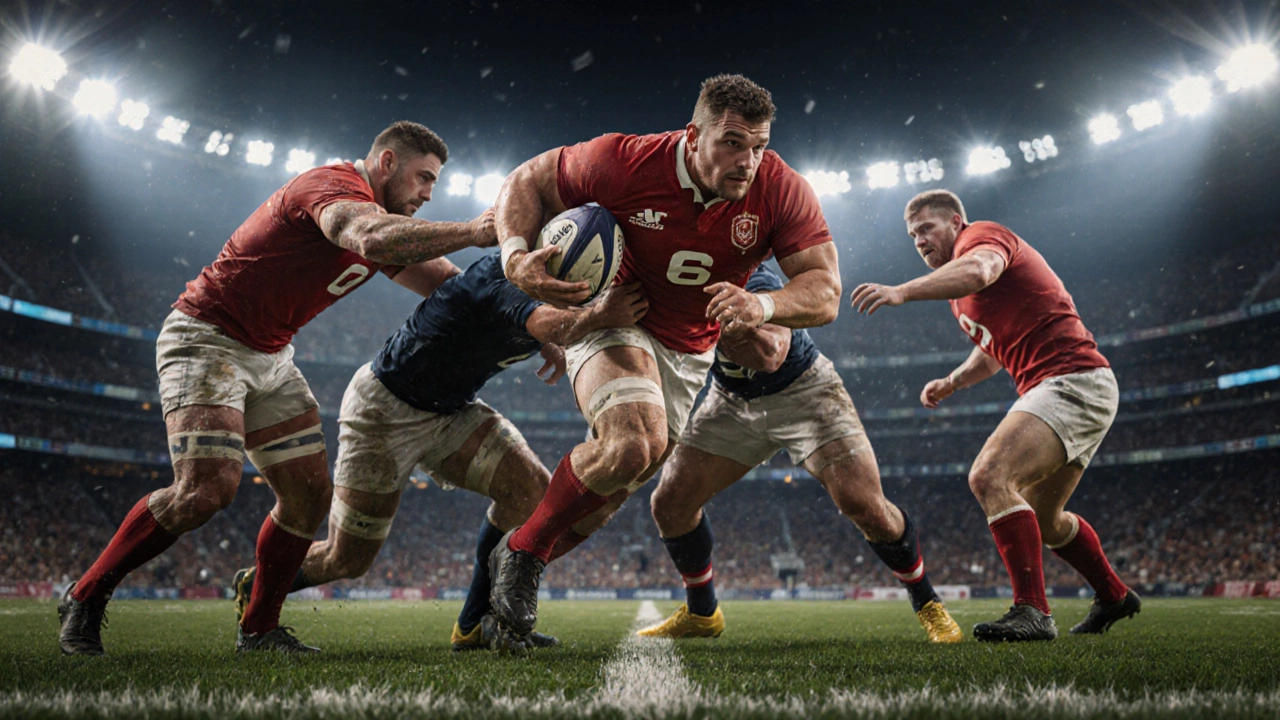 Blind‑side flanker powering into the defensive line near the try line.