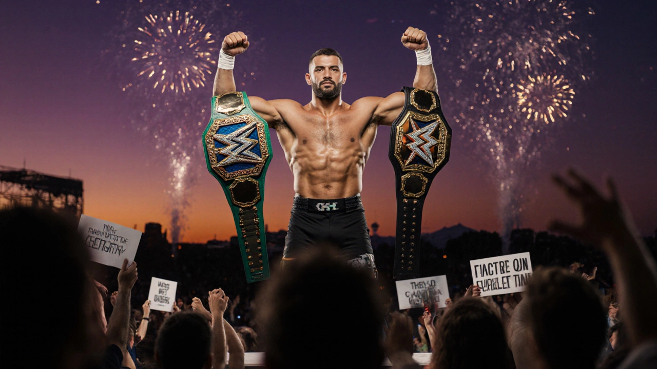 Champion holding multiple belts on a podium with fireworks in the sky.
