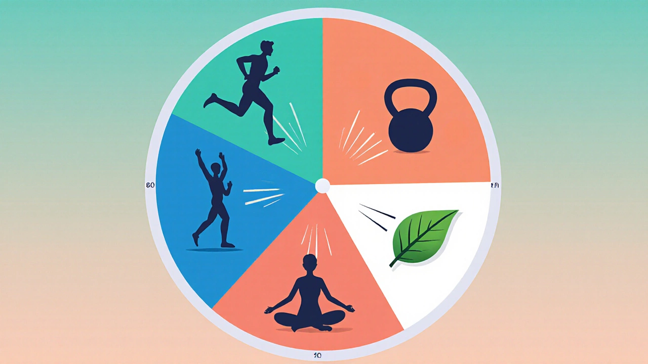 Circular illustration of a weekly workout plan with icons for cardio, strength, yoga, and rest.