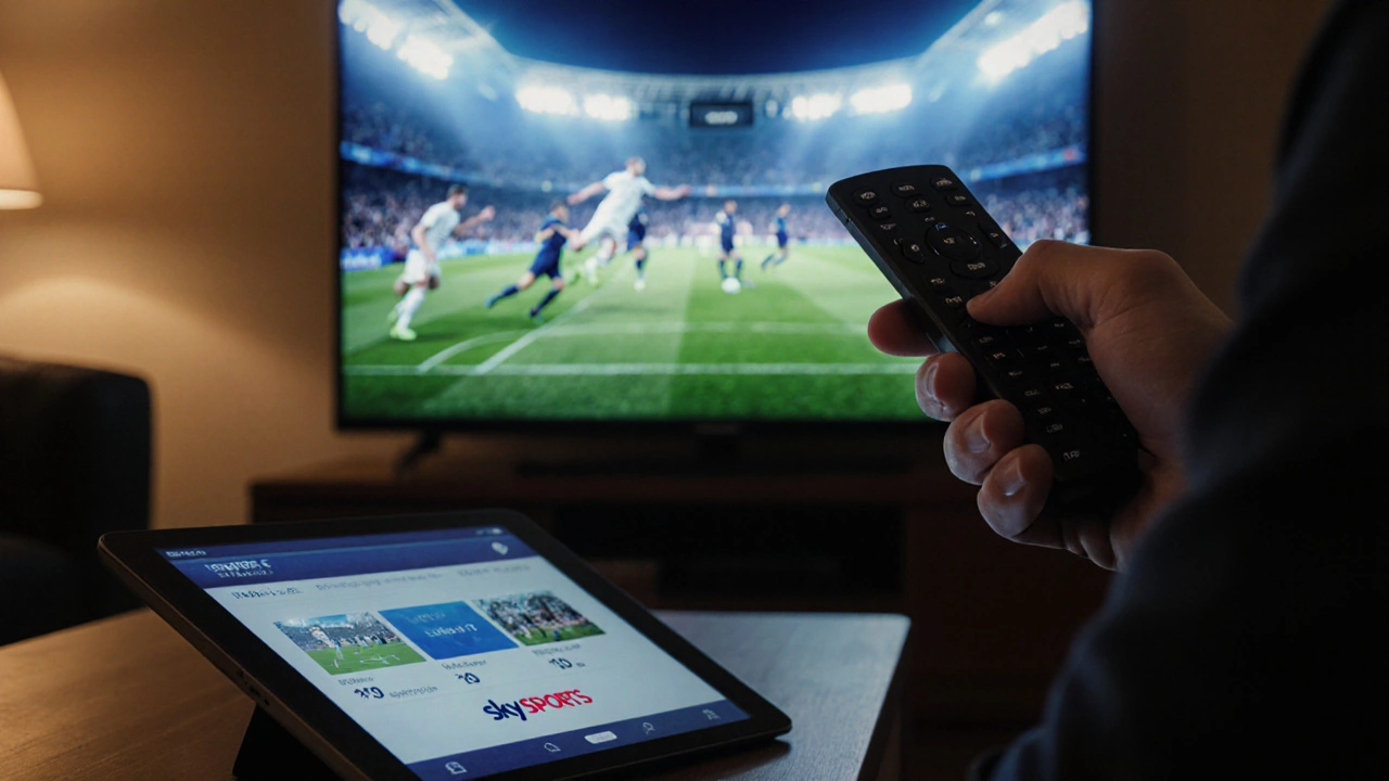 Close‑up of hand with remote, TV displaying a live Premier League game.