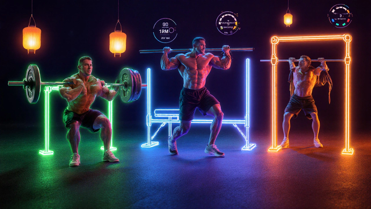 Concept art of an athlete doing squat, bench press, and pull‑ups, highlighting 7‑7‑7 flexibility.