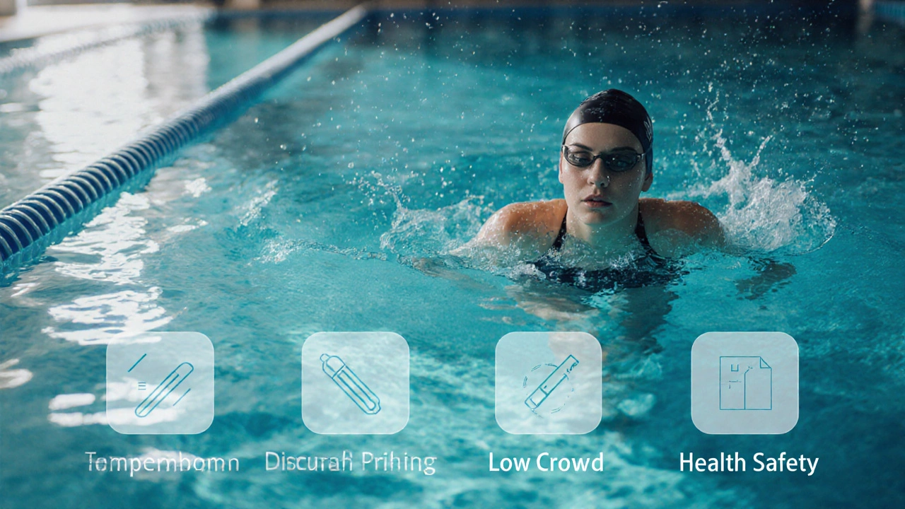 Confident swimmer gliding in an indoor pool with subtle checklist icons overlay.