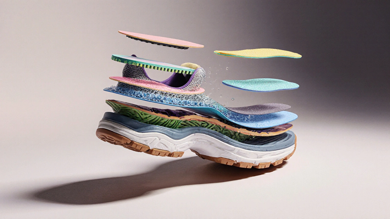 Exploded view of a shoe showing upper, midsole, outsole, insole, and heel counter layers.