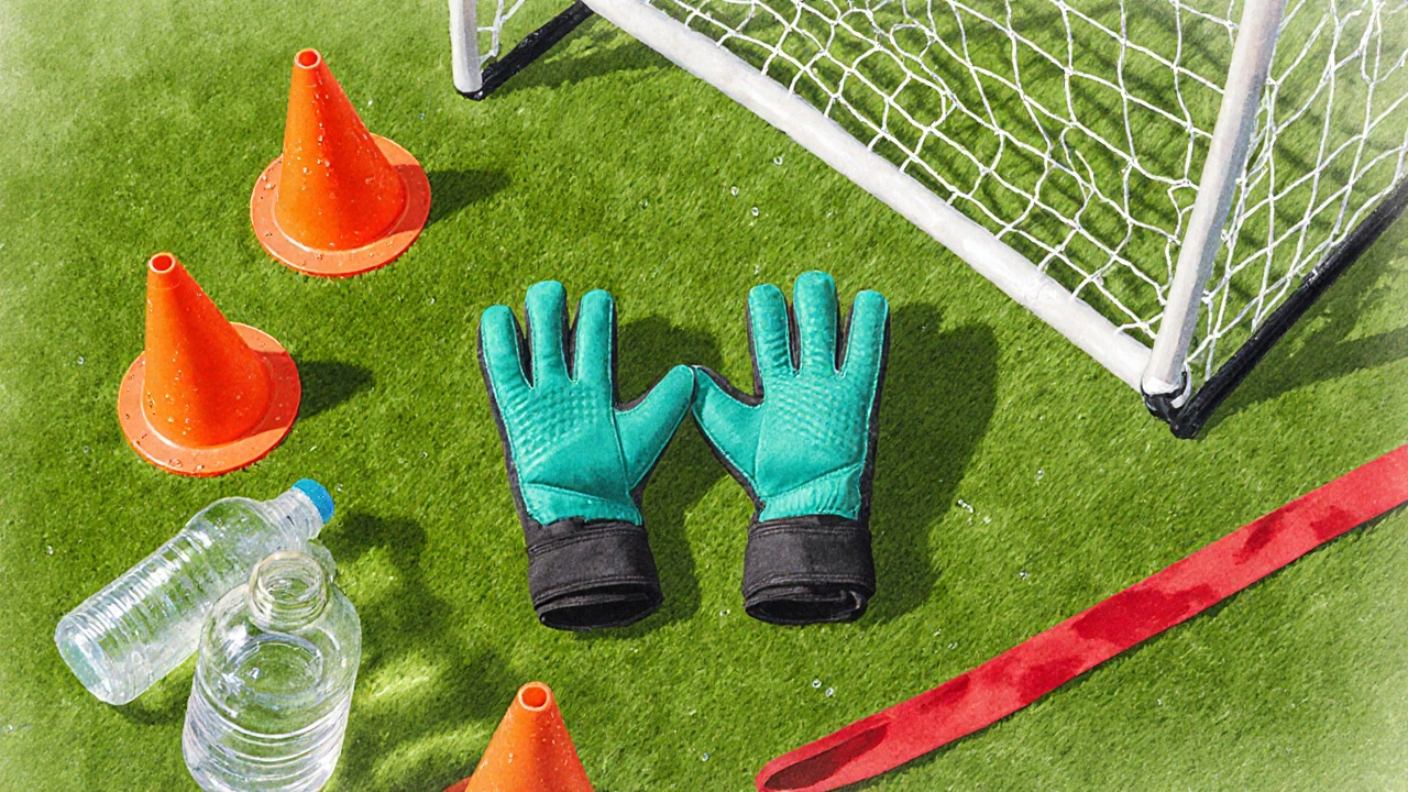 Flat lay of goalkeeper gloves, cones, net, water bottle, and headband on turf.