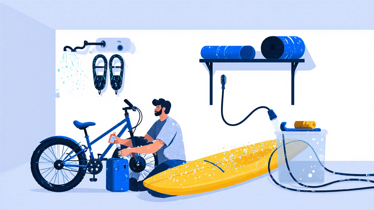 Garage workshop where a person lubricates a bike chain, rinses a SUP board, and stores other gear neatly.