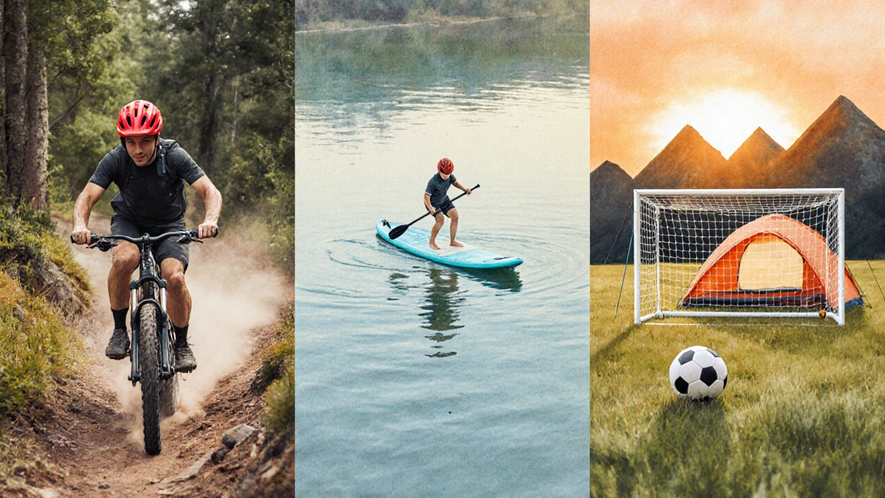 Golden hour adventure scene showing a mountain bike on a trail, a paddleboard on a lake, a soccer goal, and a camping tent.