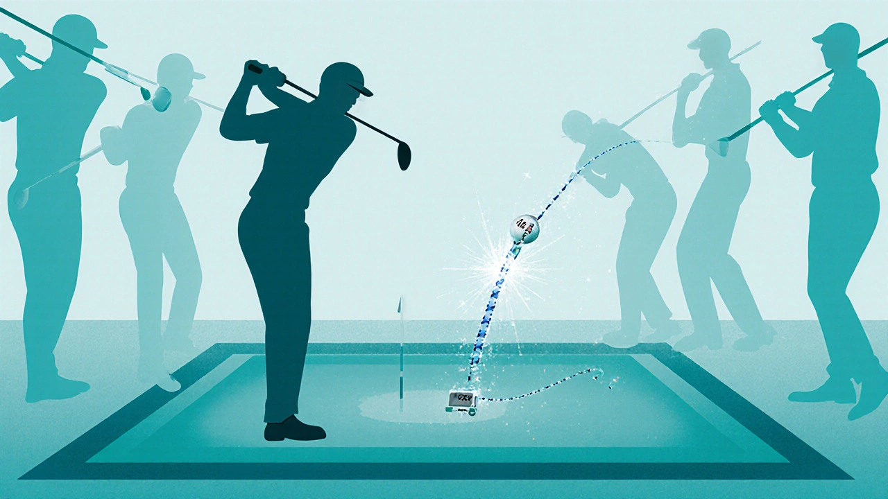 Golfer practicing 2‑iron and 3‑wood shots on a range, visualizing a par‑5 strategy.
