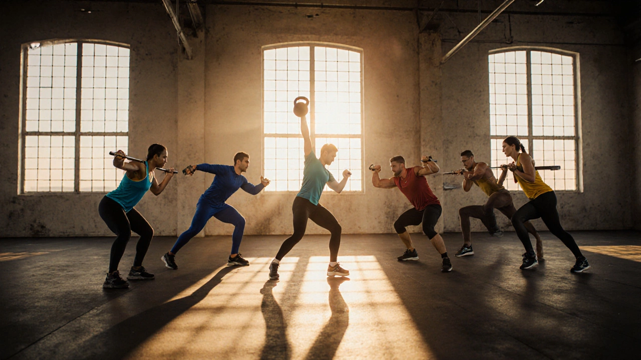 Group of athletes each doing a different full‑body exercise.