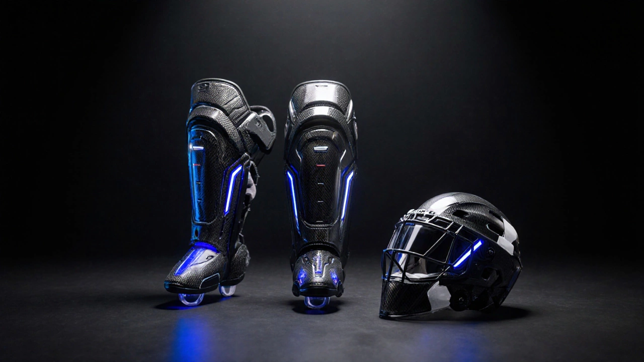 Hockey shin guards, football pads, and goalie mask arranged as protective armor with visible composite layers.