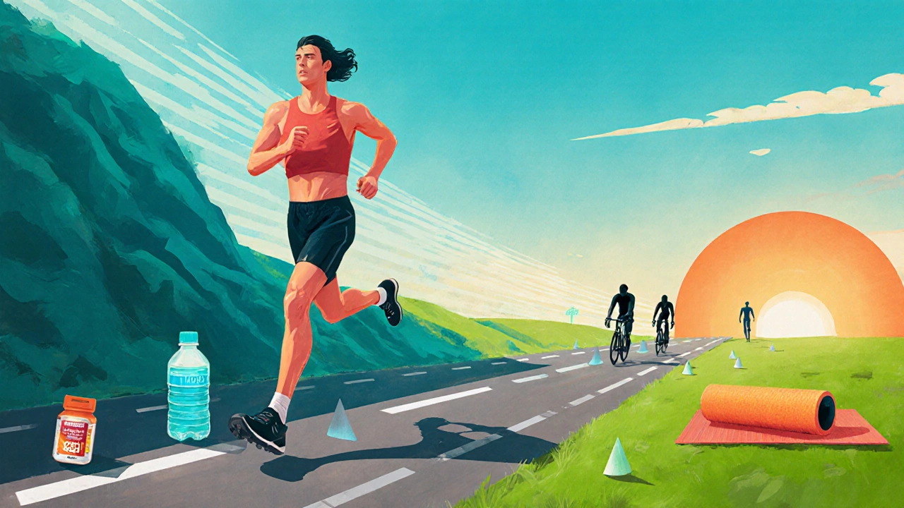 Illustrated training scene with hill repeats, fueling, and cross‑training elements.