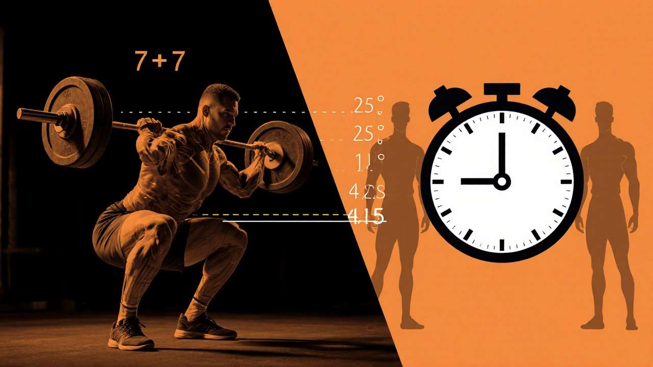 Illustration showing a lifter squatting with 2‑1‑2 tempo and a 45‑second rest timer.