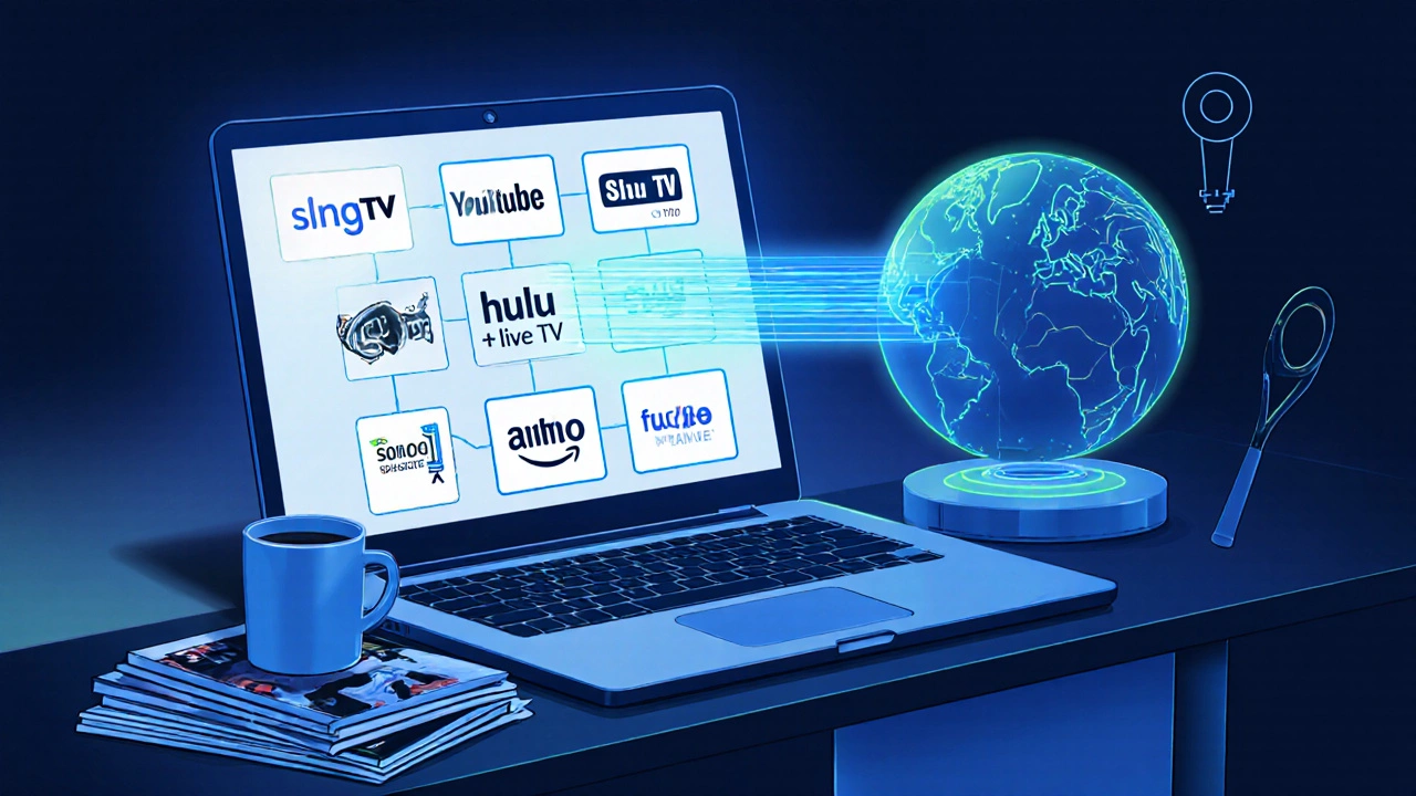 Laptop screen showing streaming service icons with a VPN connection to the US.