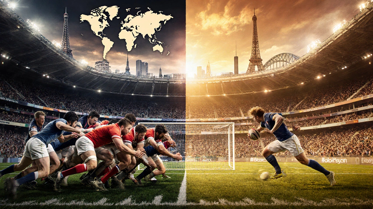 Modern split scene of a rugby scrum and a soccer goal at sunset.