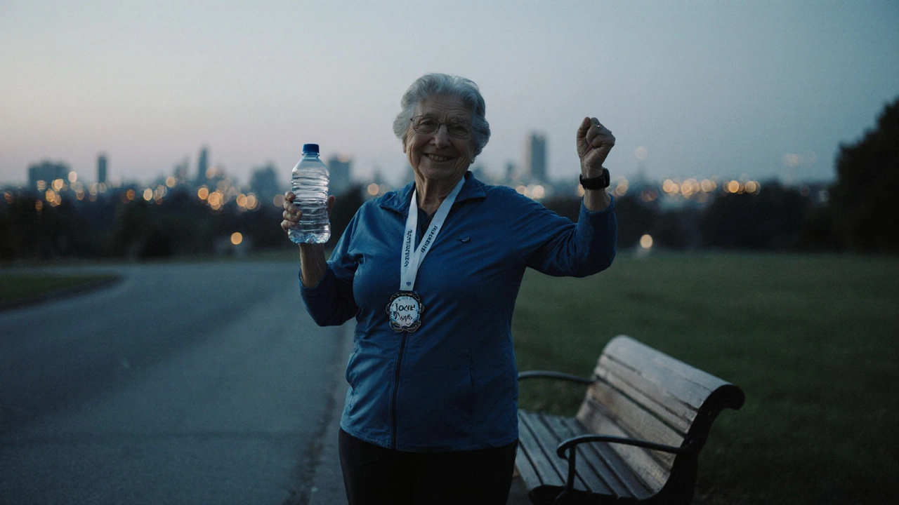 Older woman celebrating a 10K personal best on a quiet dusk road.