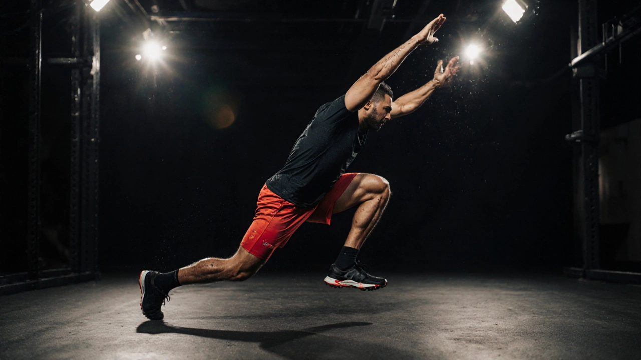 Person captured at the peak of a burpee jump in a gym.
