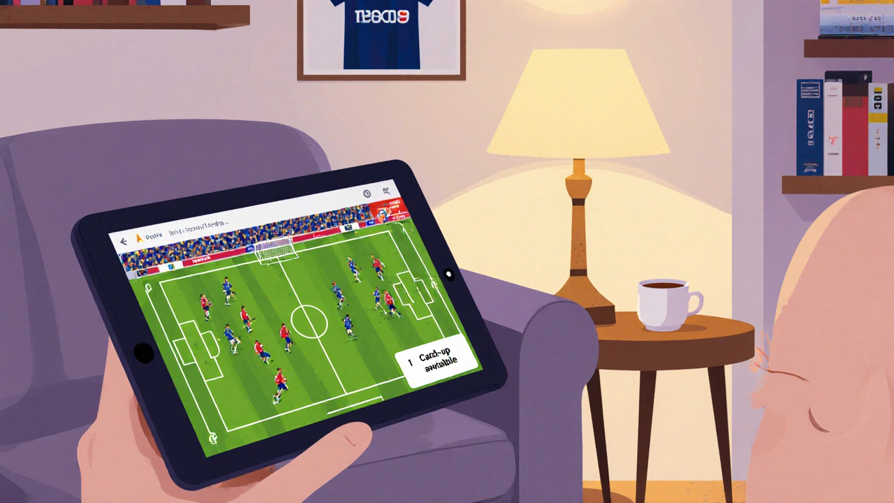 Person streaming a football match on a tablet in a cozy room.