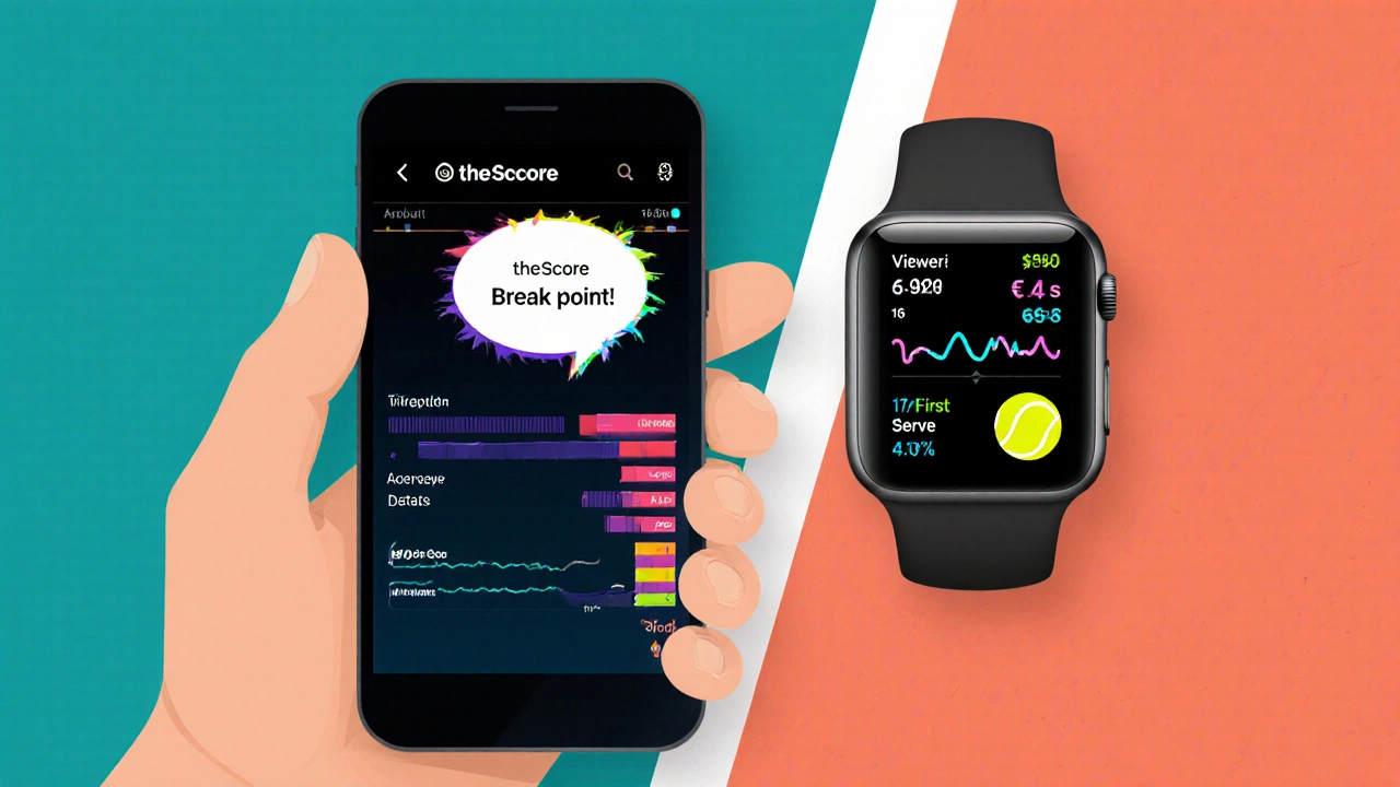 Phone and smartwatch showing theScore push notification and live match stats.