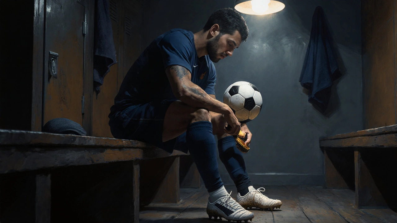 Player inspecting and cleaning soccer equipment in a locker room before a match.