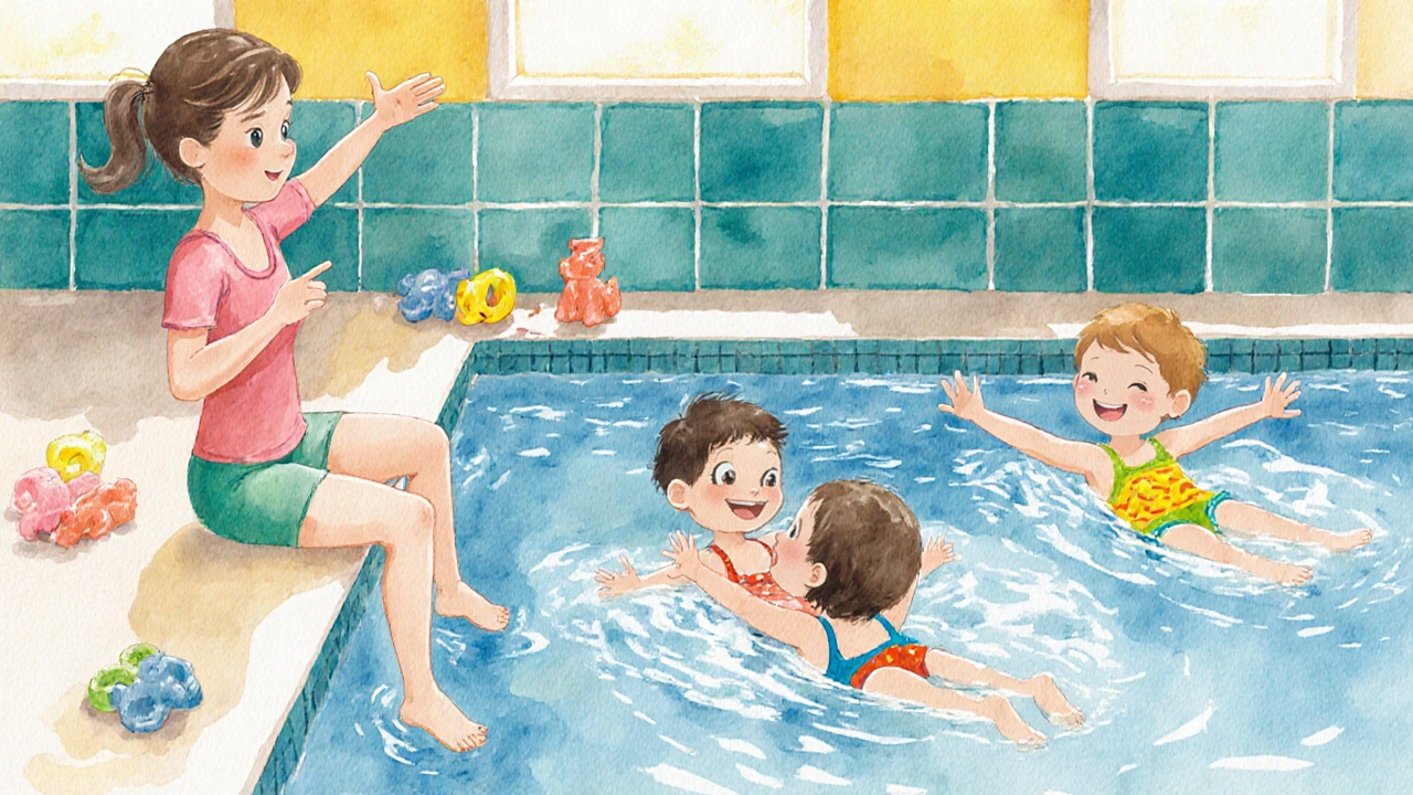 Preschool children learning to float on backs with instructor guidance.
