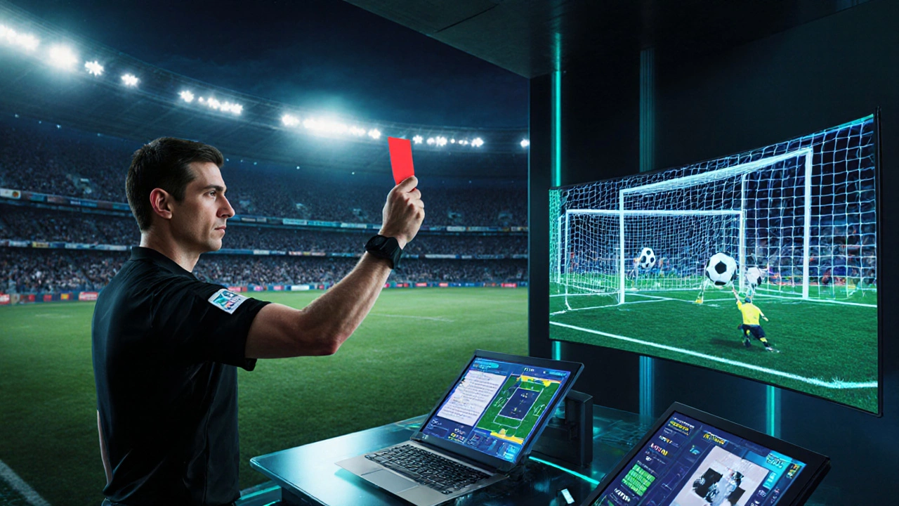 Referee raises a red card while VAR holographic replays show a disputed goal decision.
