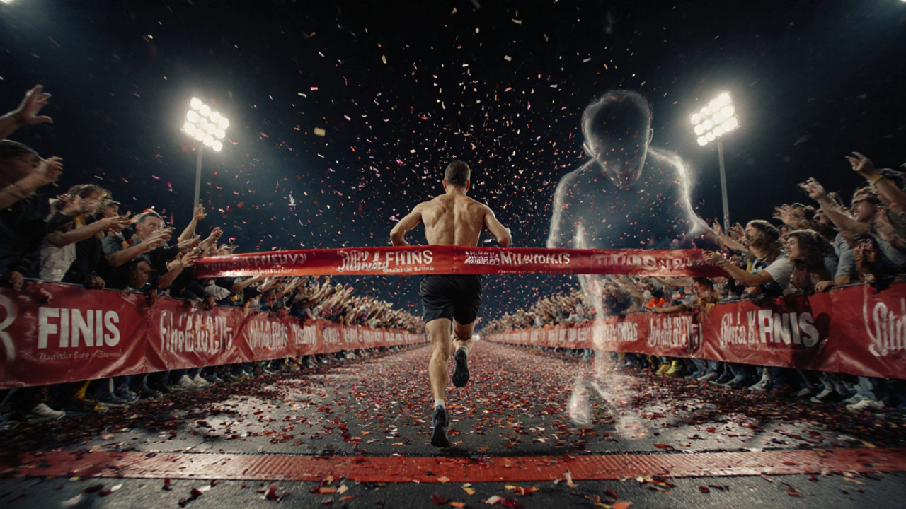 Runner breaking marathon finish‑line tape at night, confetti and cheering crowd.