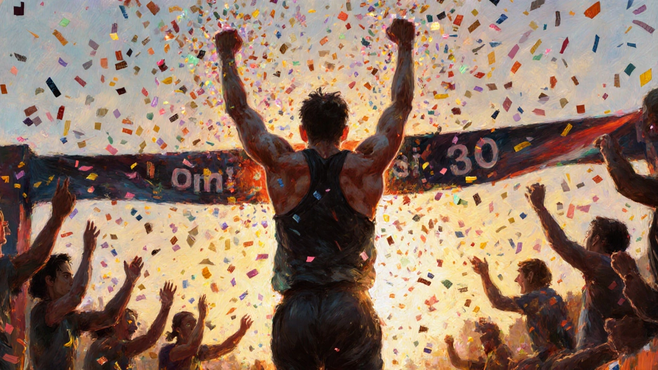 Runner crossing marathon finish line with arms raised at sunset.