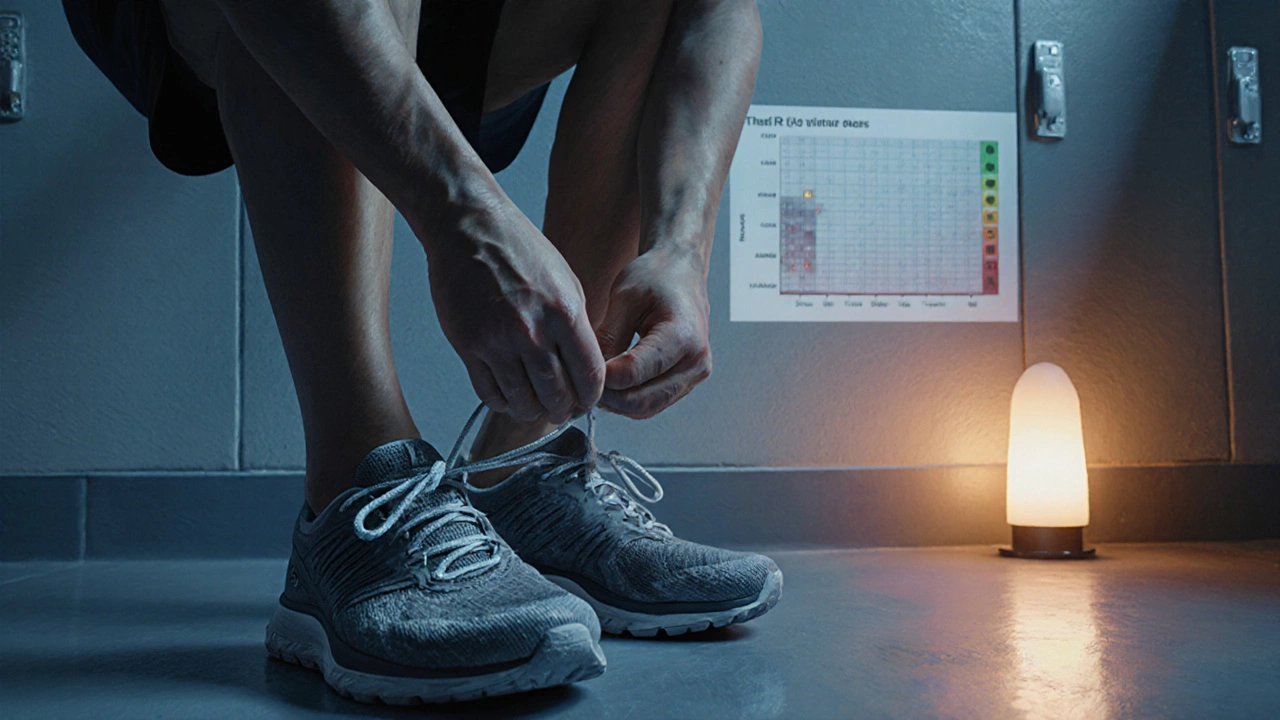 Runner lacing marathon shoes in a locker room with a faint heart‑rate zone overlay on the wall.