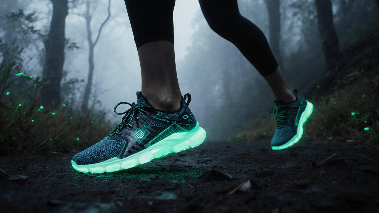 Runner on a trail wearing a futuristic shoe with a carbon plate and glowing recycled material.