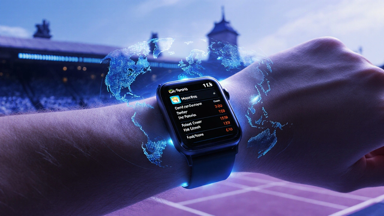 Smartwatch displaying holographic ATP live scores with faded tournament silhouettes.