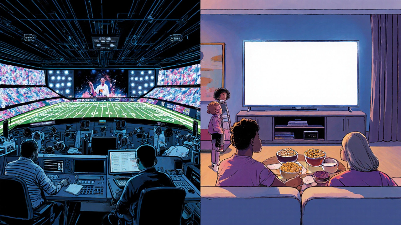 Super Bowl broadcast control room and a family watching the game together.