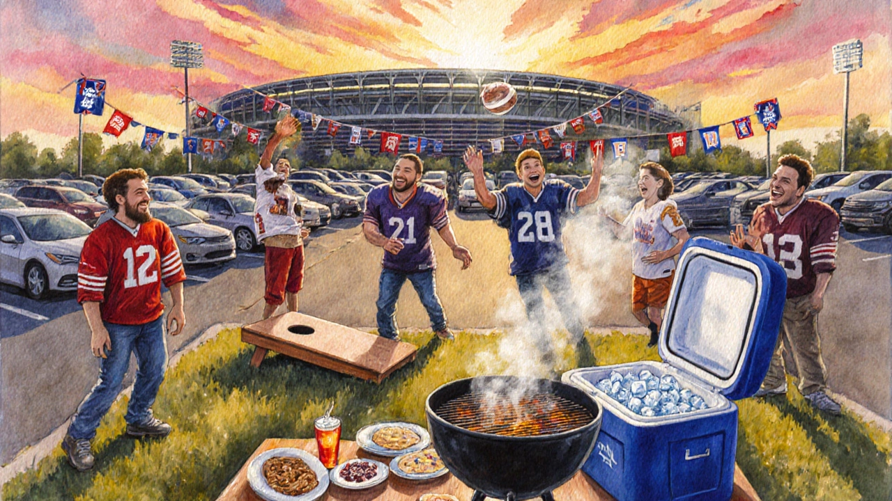 Tailgate party with grills, games, and fans in jerseys before kickoff.
