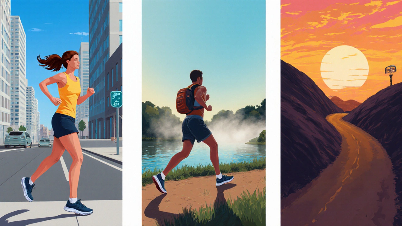 Three scenes showing easy city run, recovery riverside jog at dawn, and long hill run at sunset.