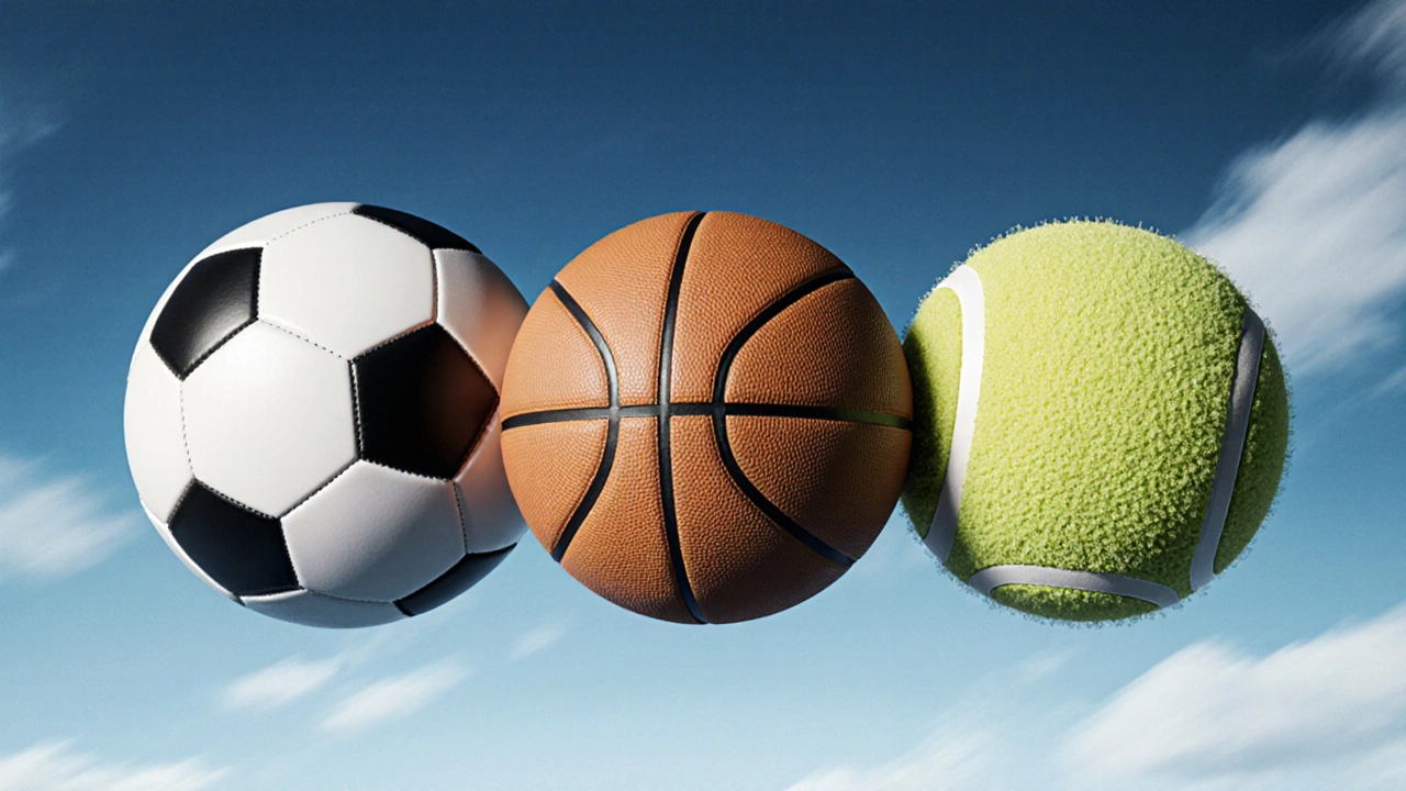 Three sports balls in cross-section revealing rubber cores and synthetic outer materials.