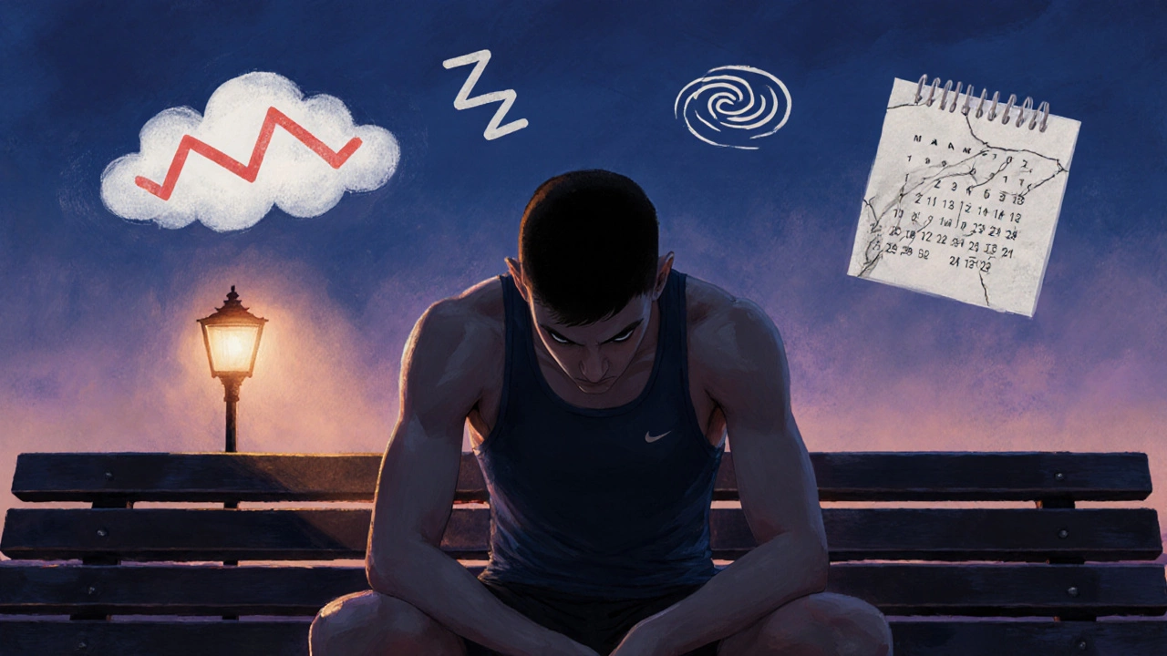 Tired athlete on a bench at dusk surrounded by symbols of overtraining and fatigue.