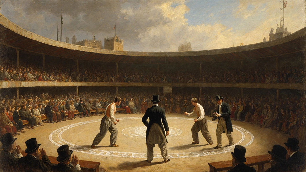 Two fighters in a chalk-drawn ring under 1838 London skies, referee with stopwatch and crowd in period attire.