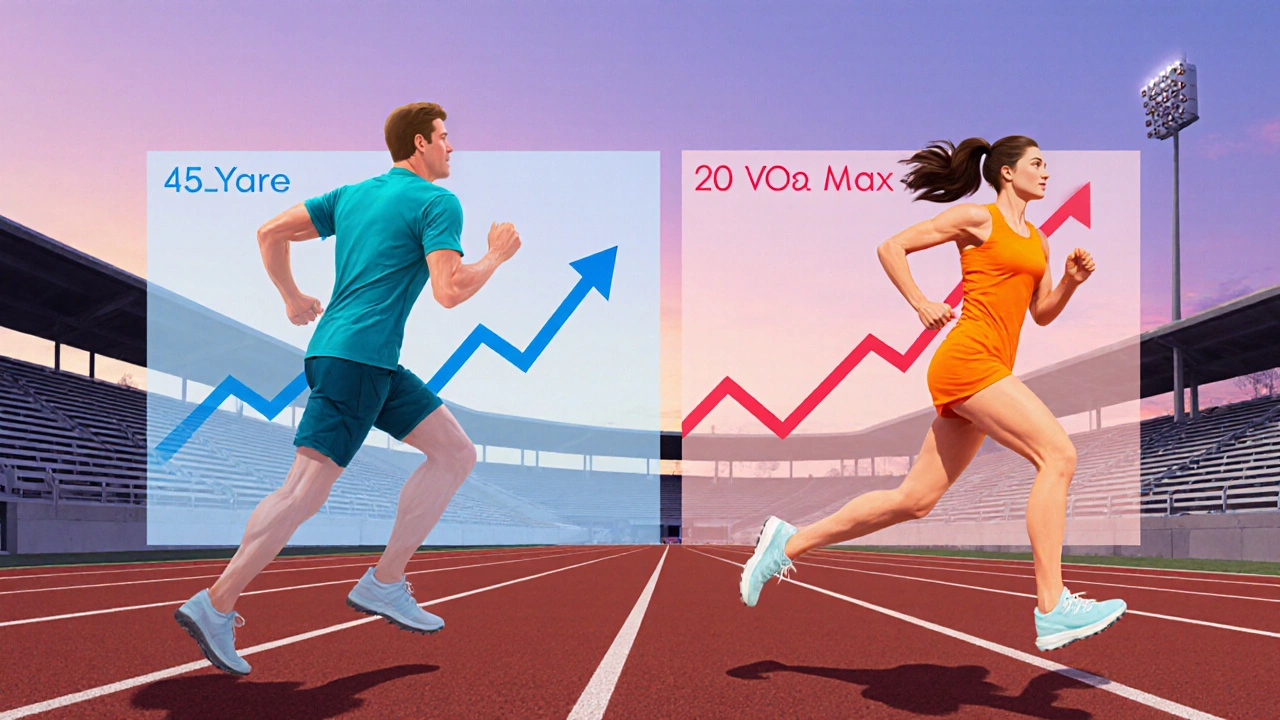 Two runners training on a track with age‑graded scores and VO2 max overlay.
