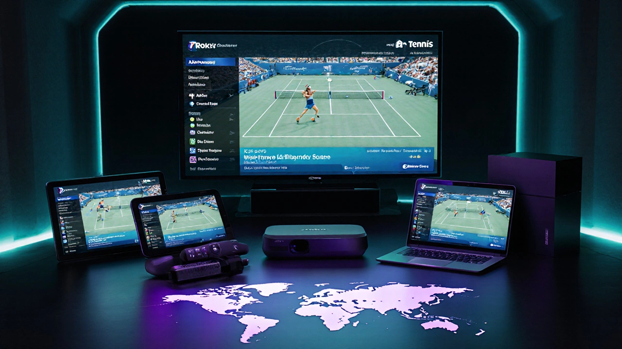 Various devices displaying the Tennis Channel app around a projected tennis court.