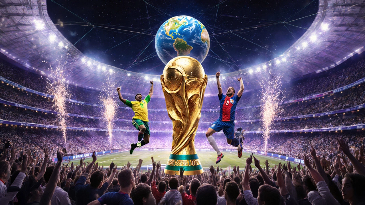 World Cup final celebration with fireworks, trophy, and players from Brazil, Argentina, and France.