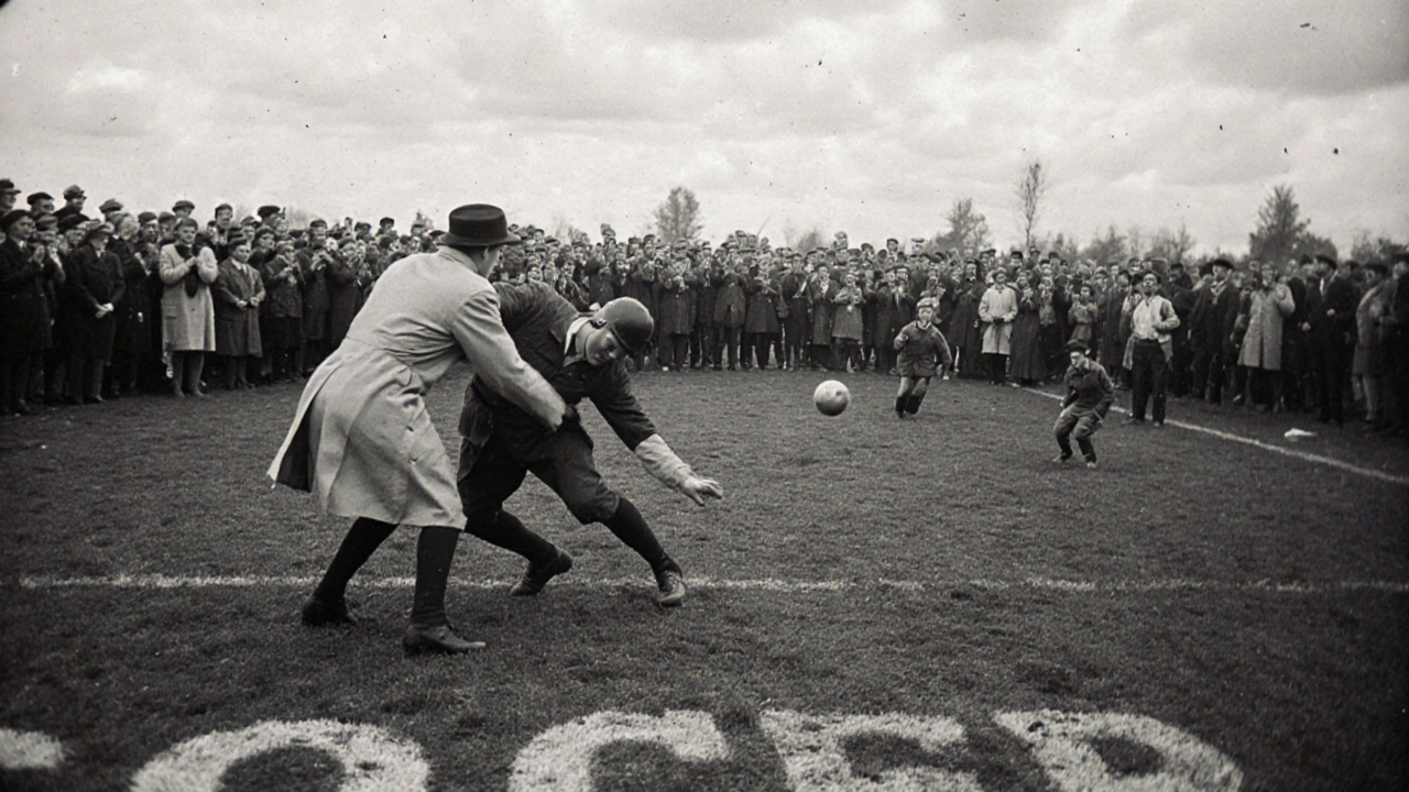 1920s American football crowd in foreground, children playing soccer on a field in the background.