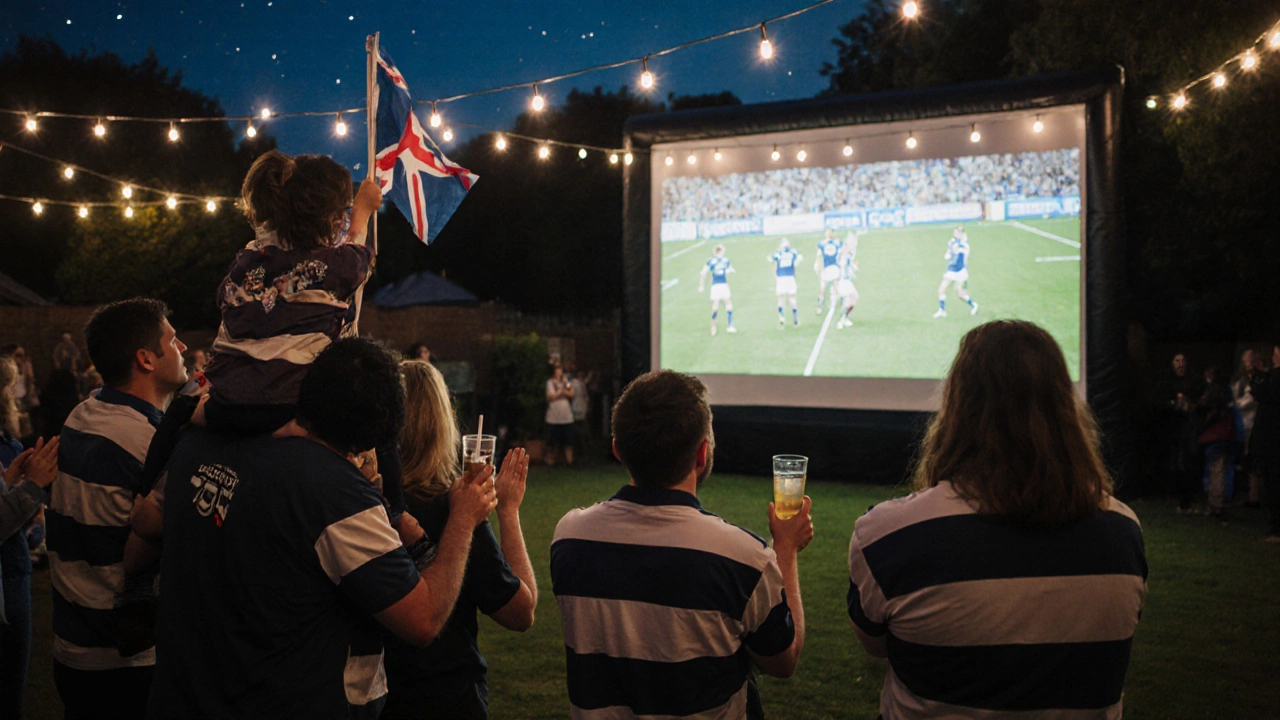 Group of fans watching a live rugby match projected outdoors at a community event.