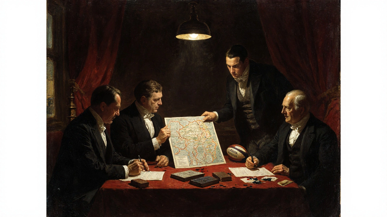 Men in Victorian suits signing documents to split rugby into two codes in 1895 London.