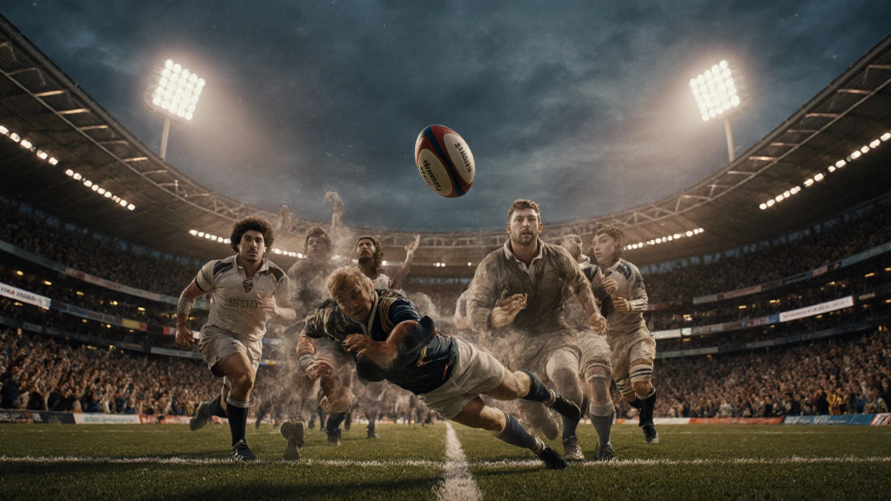 Modern rugby player diving for a try, with ghostly 1840s players fading into the background.