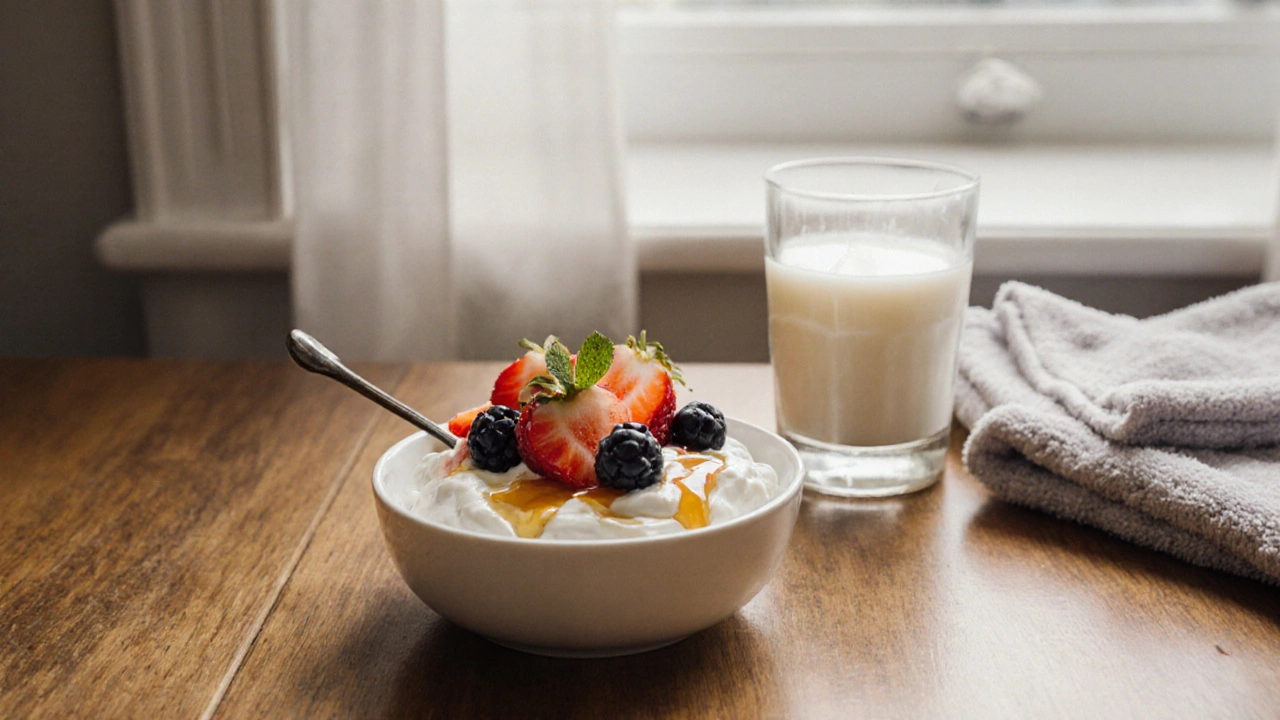 Recovery meal of yogurt, berries, and honey with a glass of milk.
