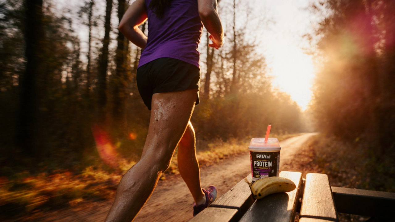 Runner on a trail at sunset with recovery snack on a bench nearby.