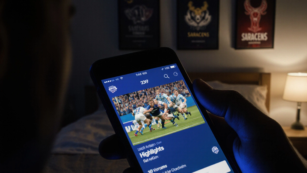 Smartphone displaying official Premiership Rugby highlights with a fan watching at night.
