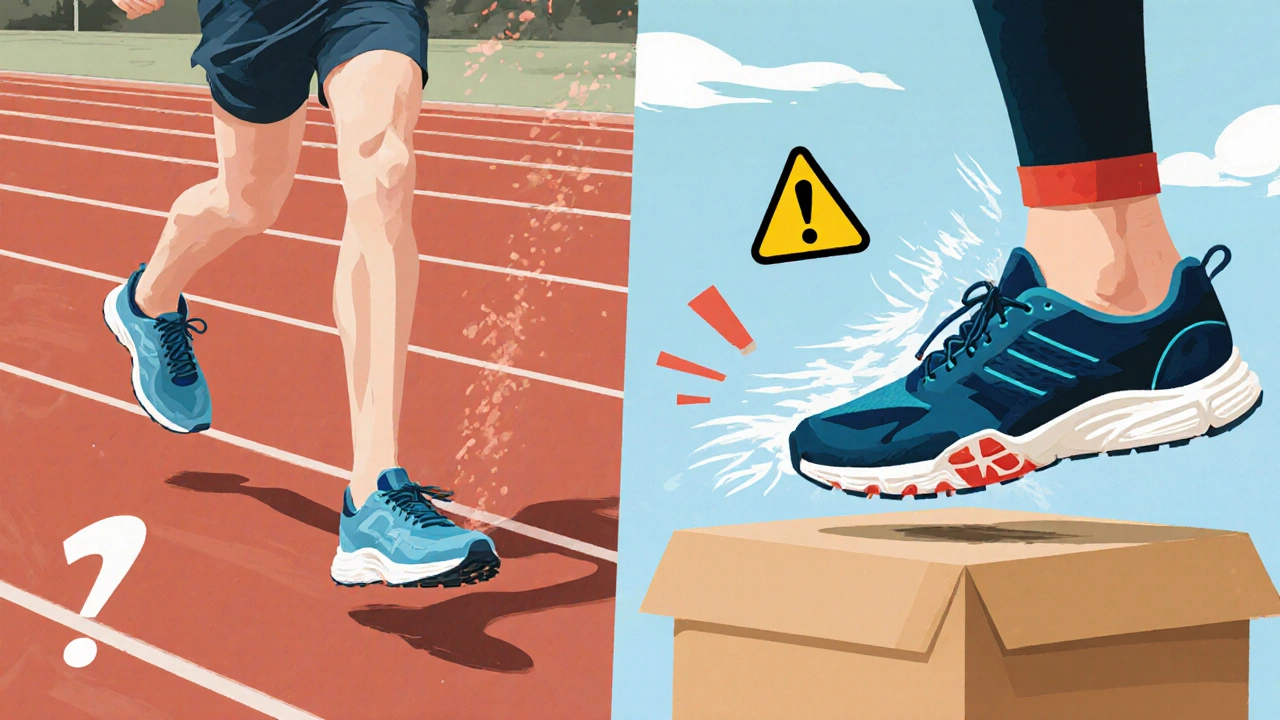 Split image: runner on track vs. person slipping sideways during box jump in same running shoes