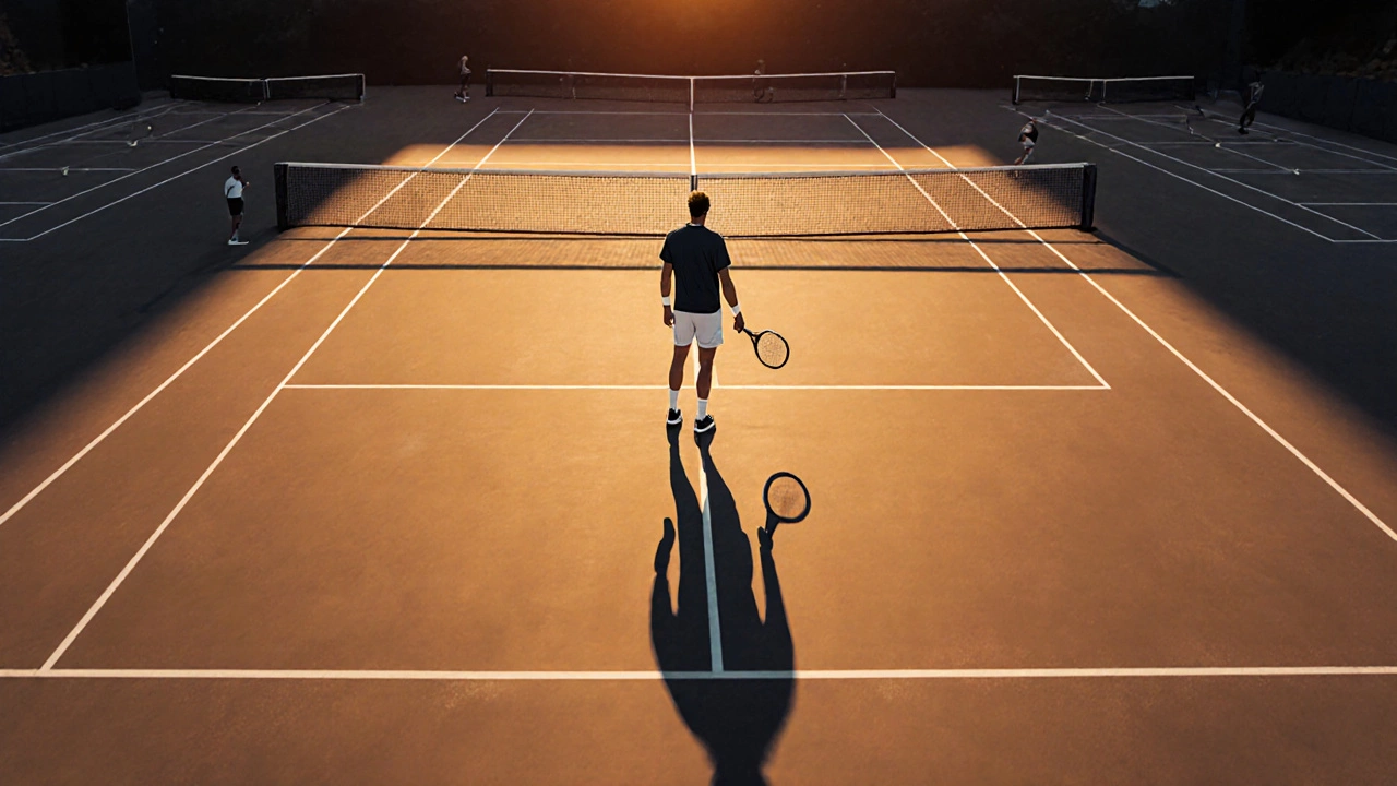 Top-ranked tennis player alone on court, no opponent, golden hour lighting.